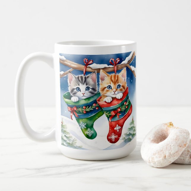 Christmas Cats in Stockings Festive Holiday Coffee Mug (With Donut)
