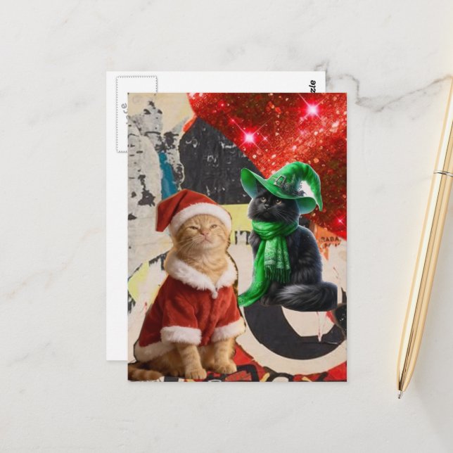 Christmas Cats Mixed Media Collage Postcard (Front/Back In Situ)