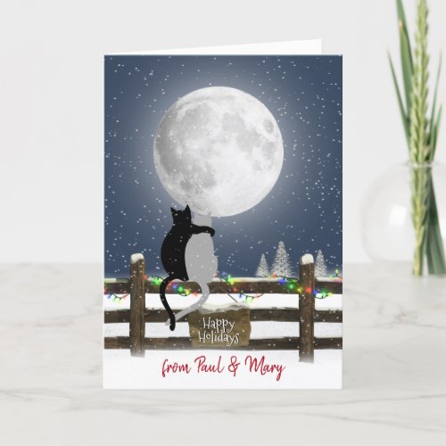Christmas Cats on Fence with Moon Holiday