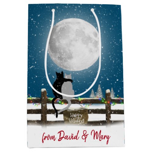 Christmas Cats On Fence with Moon  Medium Gift Bag