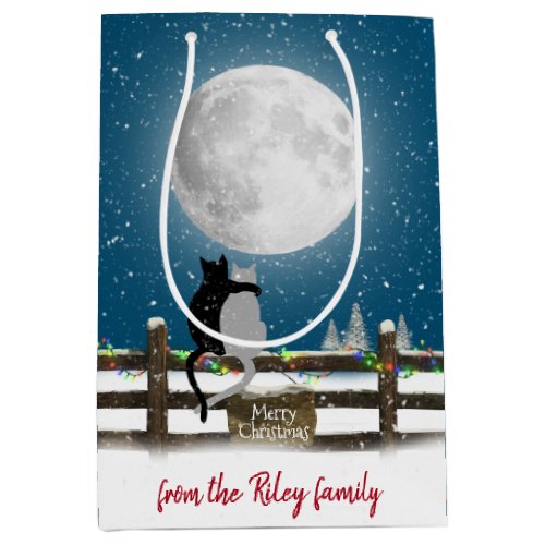 Christmas Cats On Fence with Moon Medium Gift Bag