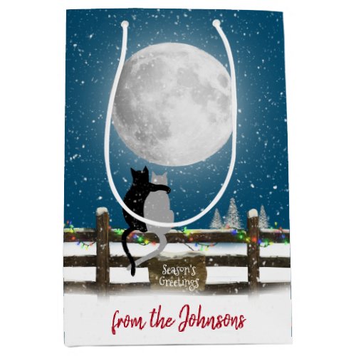 Christmas Cats On Fence with Moon  Medium Gift Bag