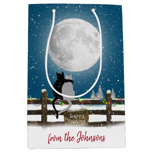 Christmas Cats On Fence with Moon  Medium Gift Bag (Front)