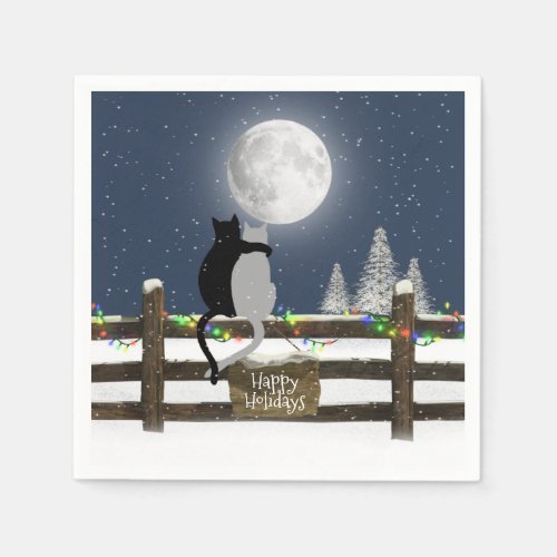 Christmas Cats on Fence with Moon  Napkins