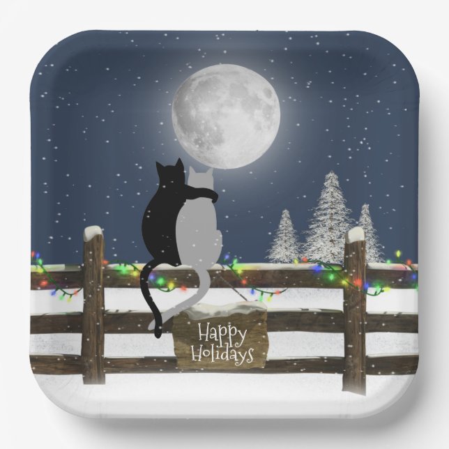 Christmas Cats on Fence with Moon  Paper Plates (Front)