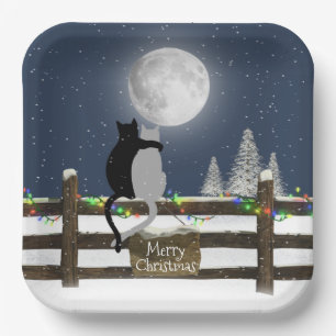 Christmas Cats on Fence with Moon  Paper Plates