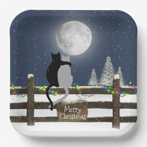 Christmas Cats on Fence with Moon  Paper Plates