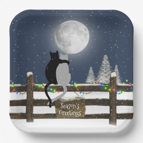 Christmas Cats on Fence with Moon Paper Plates