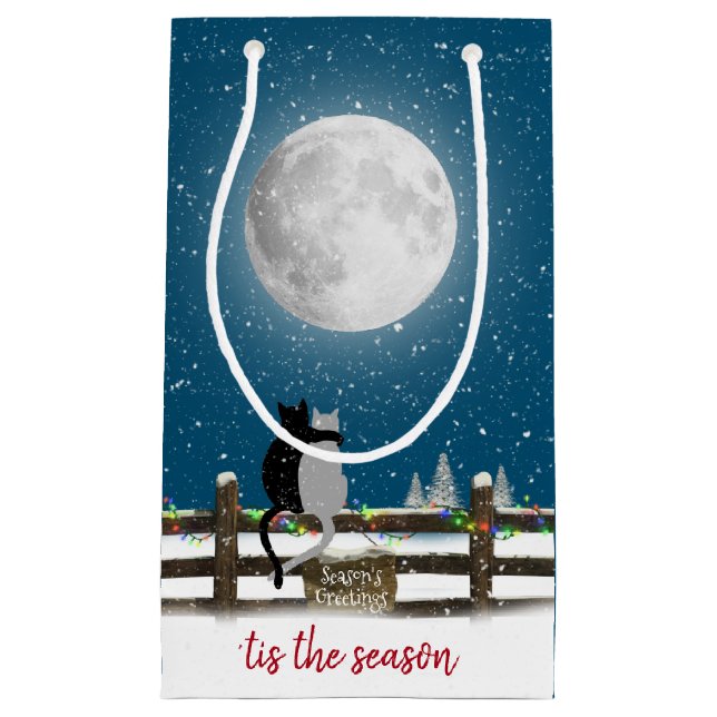 Christmas Cats On Fence with Moon   Small Gift Bag (Front)
