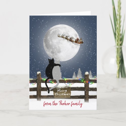 Christmas Cats on Fence with Santa Claus  Holiday Card