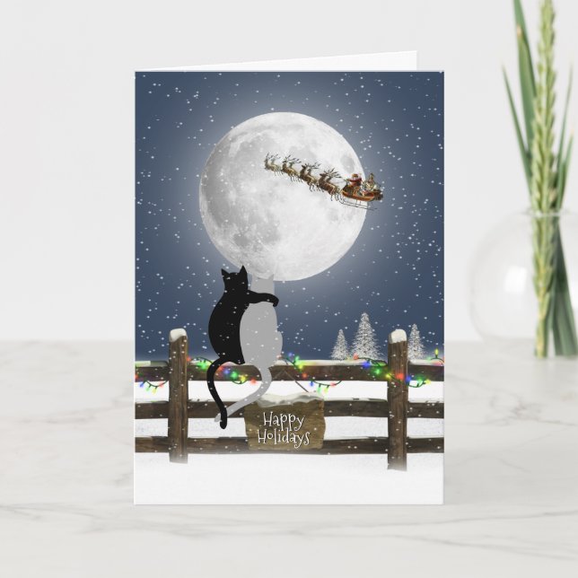 Christmas Cats on Fence with Santa Claus  Holiday Card (Front)