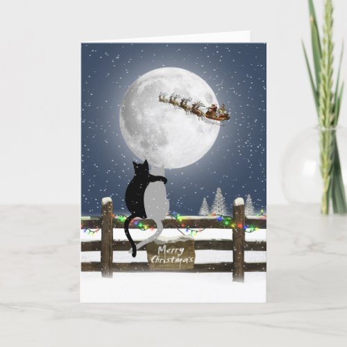 Christmas Cats on Fence with Santa Claus Holiday Card