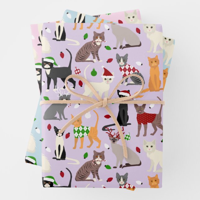 Christmas Cats Pastel Wrapping Paper Sheets (In situ)