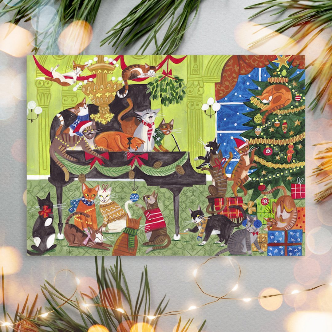 Christmas Cats playing Piano Holiday Card