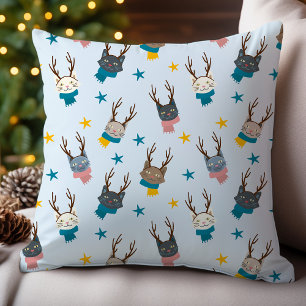 Christmas Cats Reindeer Antlers Colorful Scarves Throw Pillow