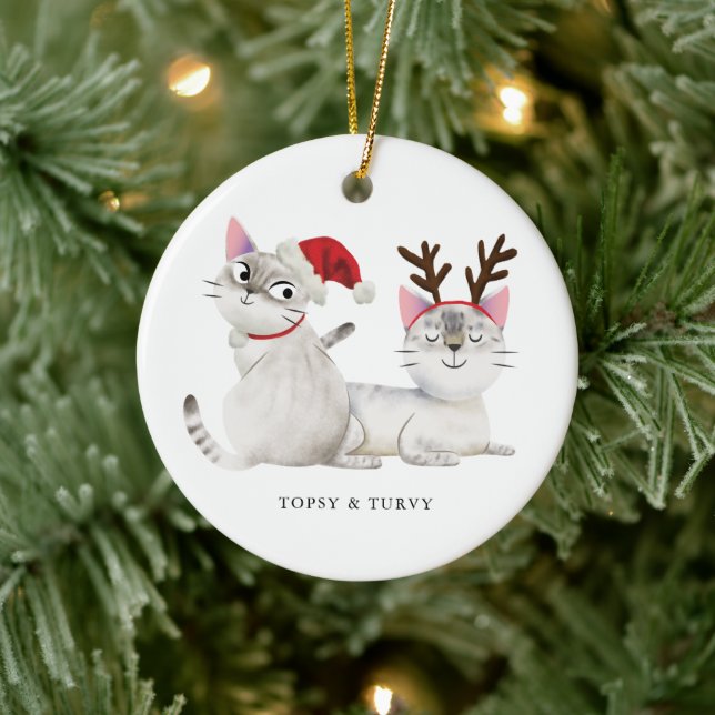 Christmas Cats Santa Antlers Ceramic Ornament (Tree)