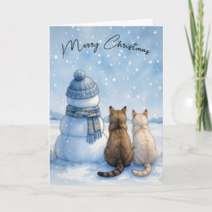 Christmas Cats Sitting With a Snowman In a Field Card