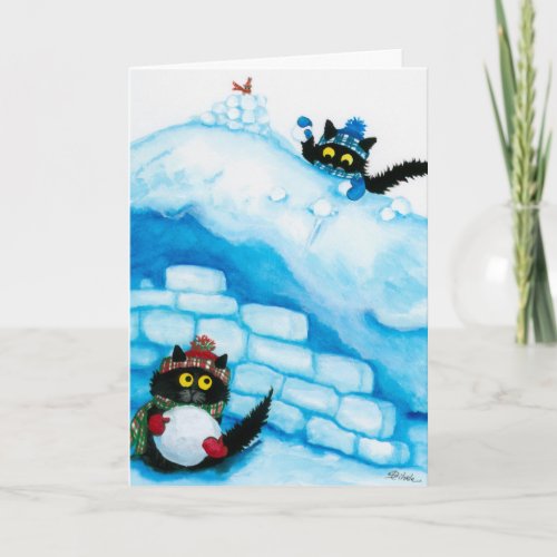 Christmas Cats Snow Ball Fight Card by Bihrle