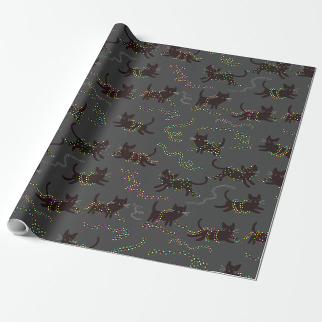 Christmas Cats with Christmas Lights Wrapping Paper (Unrolled)