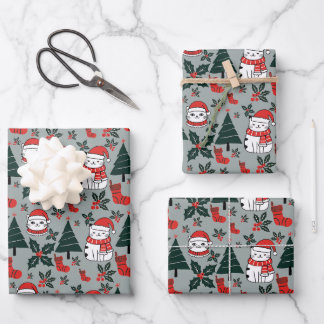 Christmas Cats with holly plant Wrapping Paper Sheets