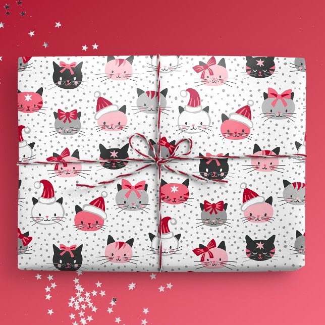 Christmas Cats With Santa Hats Wrapping Paper (Christmas Cats With Santa Hats Gift Mockup)