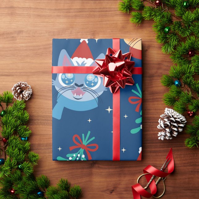 Christmas Cats Wrapping Paper (The cats are in shades of blue and orange, with one wearing a red Santa hat!)