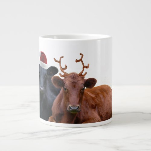 Christmas Cattle _ Santa Hat and Antlers Giant Coffee Mug