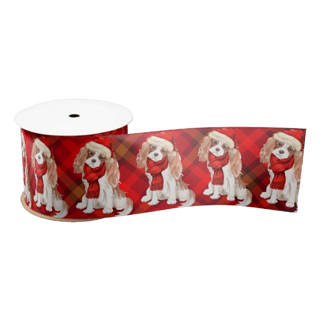 Christmas Cavalier King Charles Spaniel and Plaid Satin Ribbon (Spool)