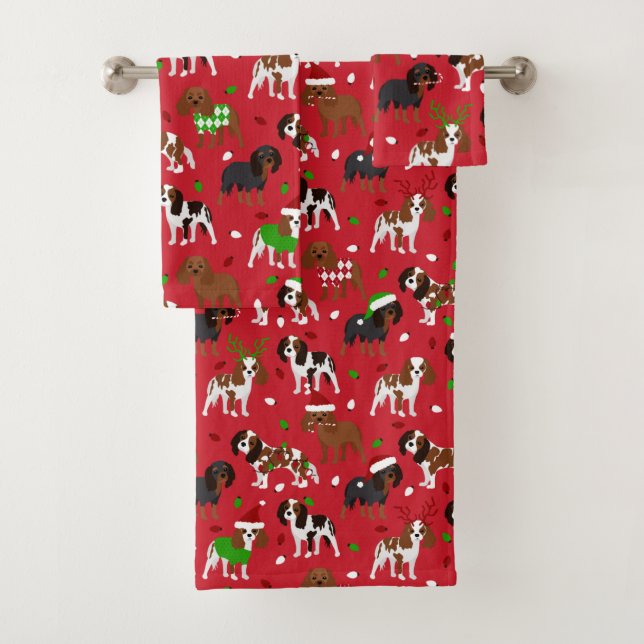 Christmas Cavalier King Charles Spaniel Bath Towel Set (Insitu)
