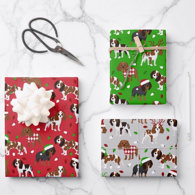 Christmas Cavalier King Charles Spaniel Wrapping Paper Sheets (Front)