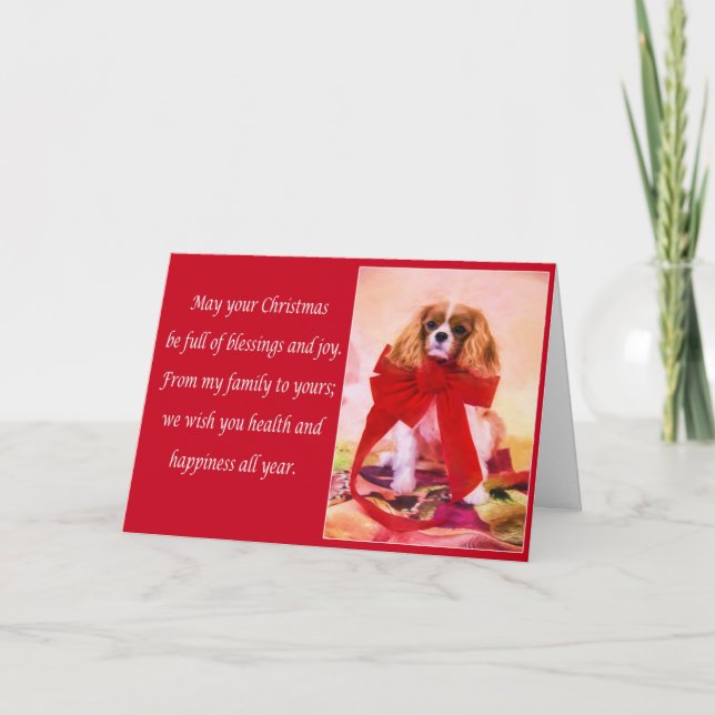 Christmas Cavalier King Charles With Red Bow Card (Front)