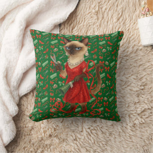 Christmas Celebrating with Siamese Cat Throw Pillow