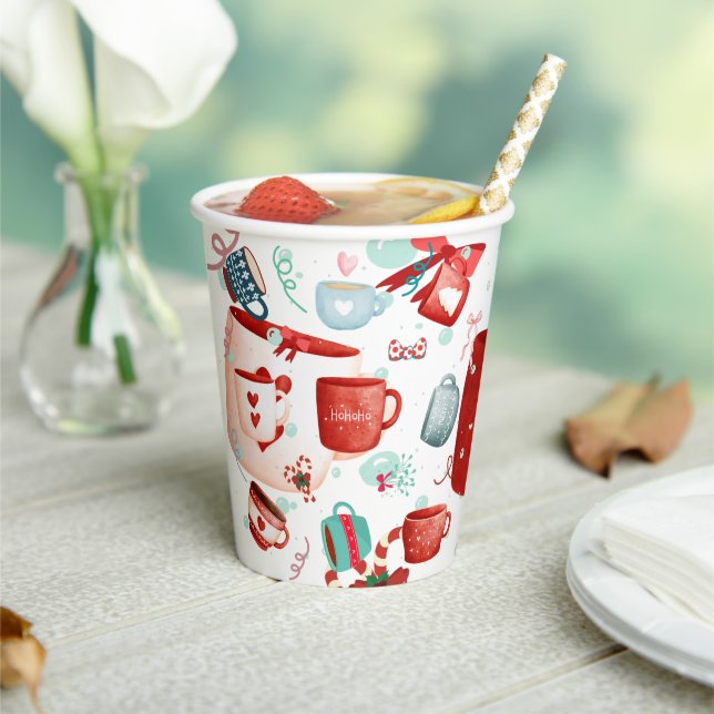 Christmas celebration cute pattern red and blue paper cups (Insitu)