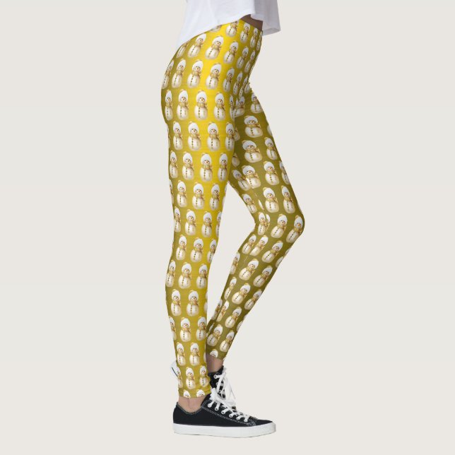 Christmas Celebration Gold Snowman Winter Holiday Leggings (Right)