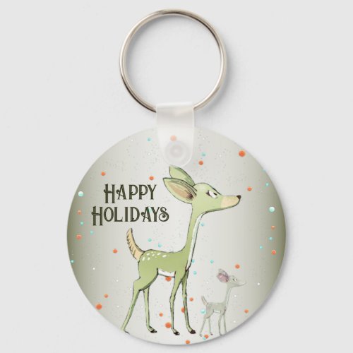 Christmas Celebration Green Deers Holidays Cute Keychain