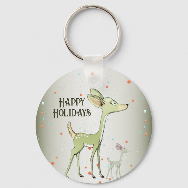 Christmas Celebration Green Deers Holidays Cute Keychain (Front)