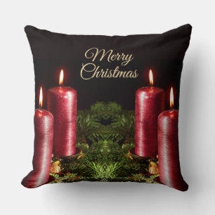 Christmas Celebration Red Candles Black Throw Pillow