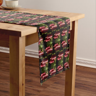 Christmas Celebration Red Candles Green Leaves Short Table Runner