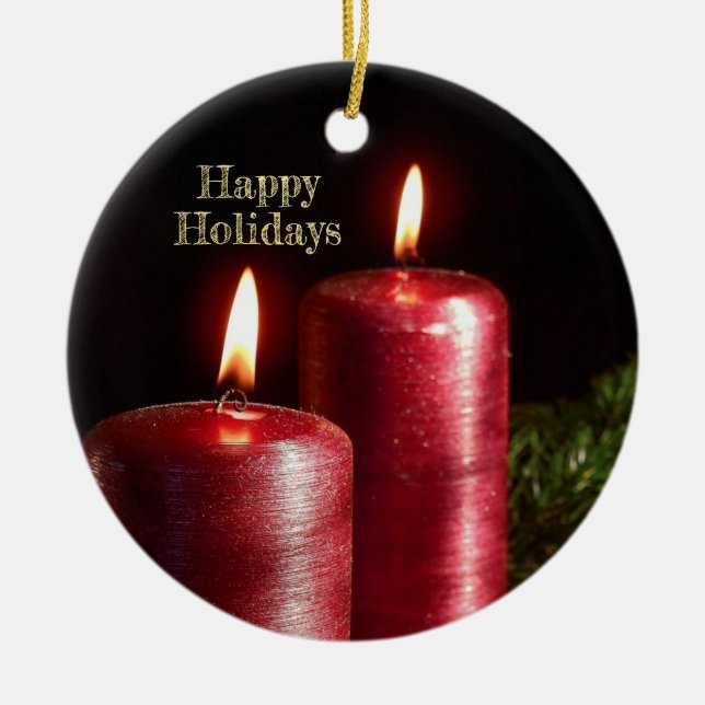 Christmas Celebration Red Candles Winter Holidays Ceramic Ornament (Front)
