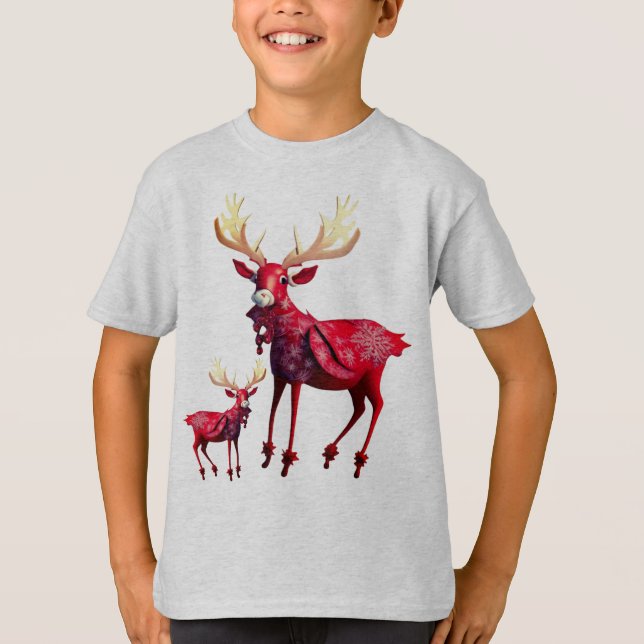 Christmas Celebration Red Reindeer Stylish T-Shirt (Front)