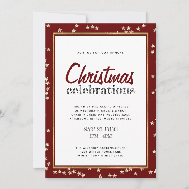 Christmas Celebration Red White Gold Stars Invitation (Front)