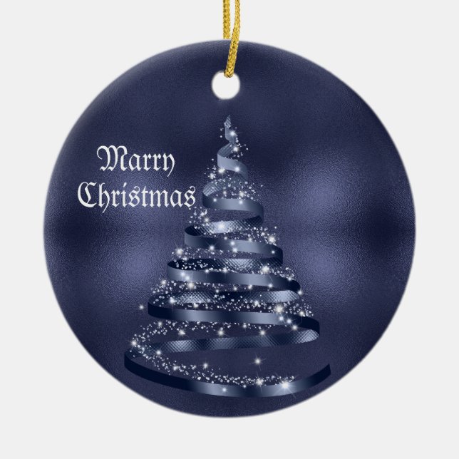 Christmas Celebration Shiny Blue Ribbon Tree Ceramic Ornament (Front)