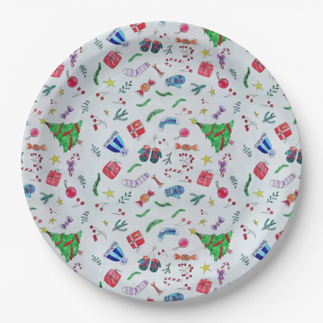 Christmas Celebration Watercolor Paper Plates (Front)