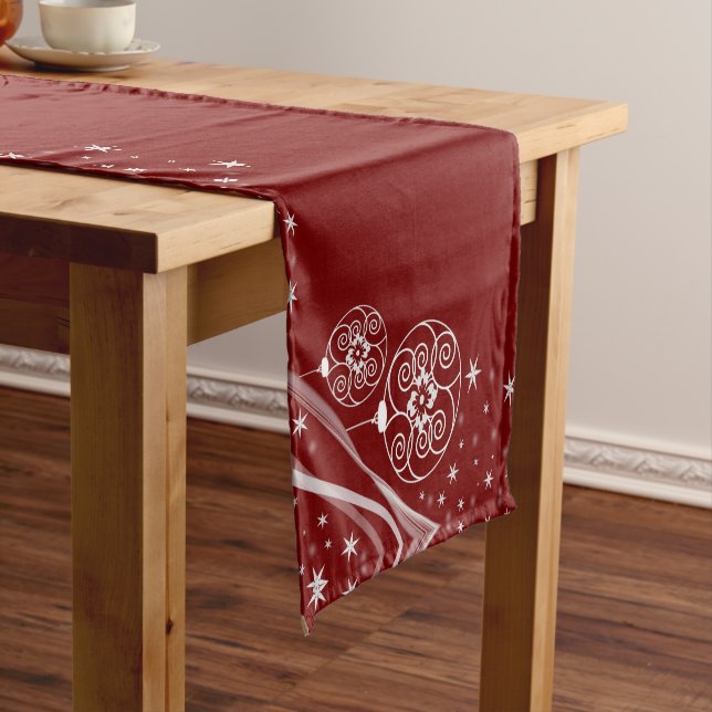 Christmas Celebration White Ornaments Stars Red Short Table Runner (In Situ)
