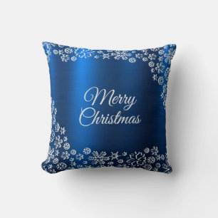 Christmas Celebration White Snowflakes Navy Blue Throw Pillow