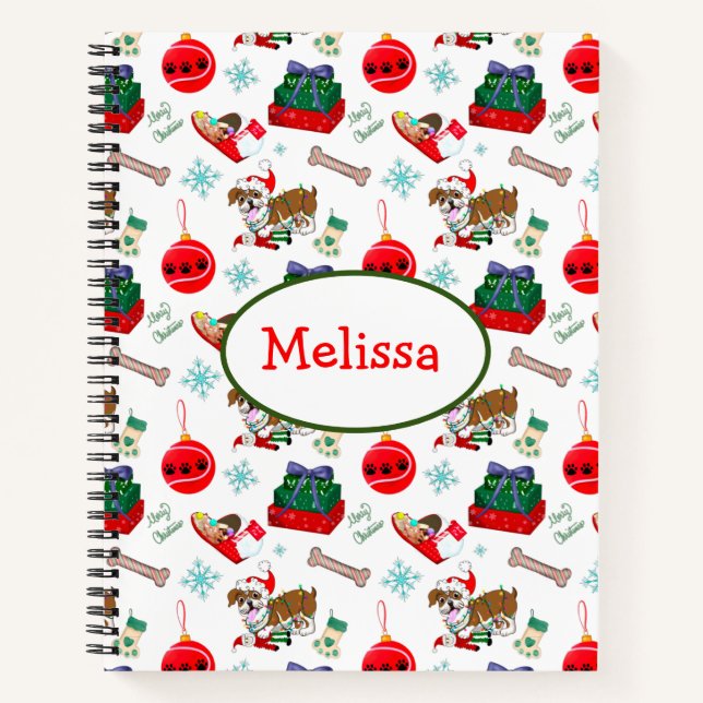 Christmas Celebration with Goofy Bulldog Name Notebook (Front)