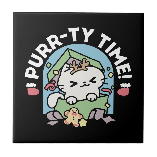 Christmas Celebration with Purr-ty Time Cat Ceramic Tile (Front)