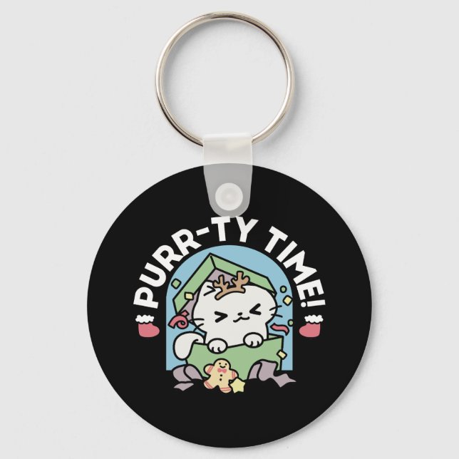 Christmas Celebration with Purr-ty Time Cat Keychain (Front)