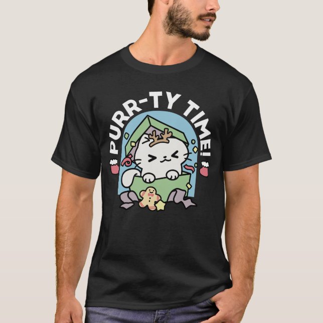 Christmas Celebration with Purr-ty Time Cat T-Shirt (Front)