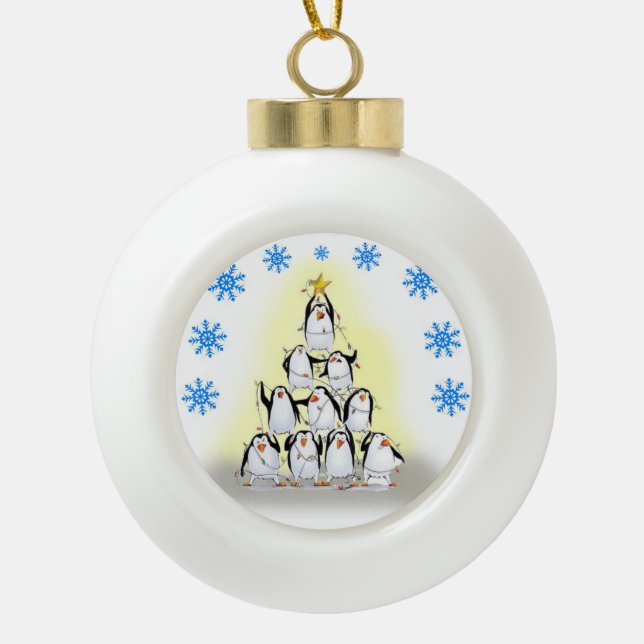 Christmas Ceramic Ball Ornament, Penguin Ceramic Ball Christmas Ornament (Front)